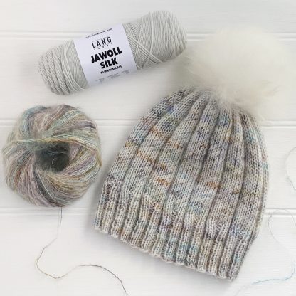 The Parkview Hat by Tracie Millar is knitted using 1 strand of JAWOLL SILK help with 1 strand of Kid Color.
